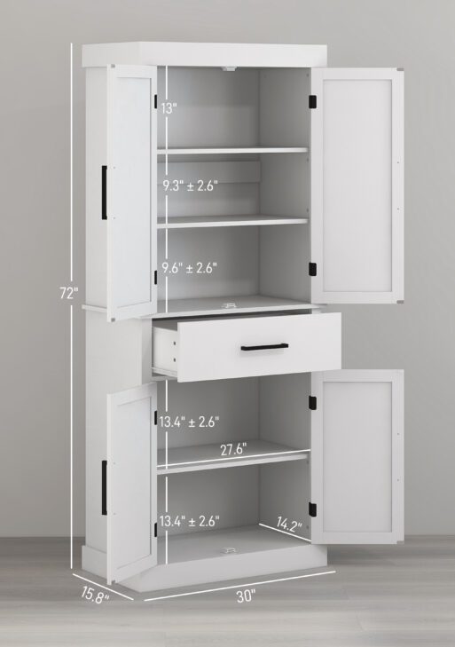 72" Tall Kitchen Cabinet, Kitchen Pantry Cabinet with Barn Doors, Drawer, 5-Tier Shelf and Adjustable Shelves, White