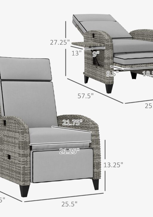 Outdoor Recliner Chair with Cushions, Reclining Patio Lounge Chair with Adjustable Footrest, Armrests, Tray Table, Gray