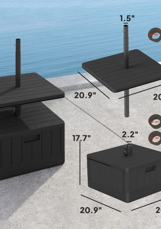 3-in-1 Outdoor Umbrella Base with Table Tray, Coffee End Table, Planter Box with Drain Hole, 175 lbs. Capacity Heavy Duty Fillable Patio Umbrella Stand Table with Wheels and Handles, Black