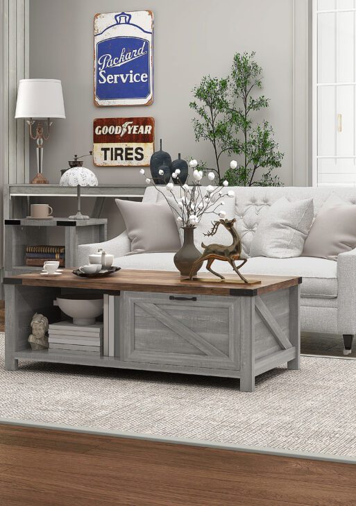 Coffee Table with Storage, Farmhouse Living Room Table with Storage Drawer and Open Shelf, Distressed Gray