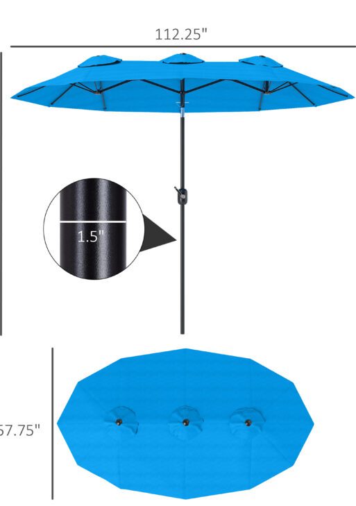 Double-sided Patio Umbrella, 9.5' Outdoor Umbrella with Push Button Tilt and Crank, 3 Air Vents and 12 Ribs, Cyan Blue