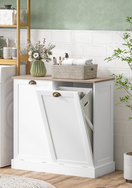 Dual Tilt out Laundry Hamper Cabinet with 2 Removable Basket, Modern Bathroom Storage Cabinet with Shaker Doors and Handles, White