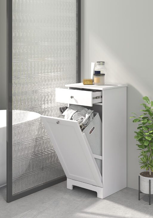 Laundry Hamper Cabinet, Laundry Cabinet with Tilt Out Laundry Basket and Drawer, White