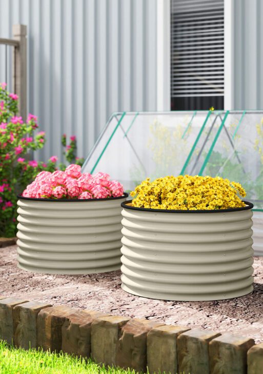 Set of 2 Raised Garden Bed, Metal Planter Box with Safety Edging, Easy-to-assemble Stock Tank, Cream White