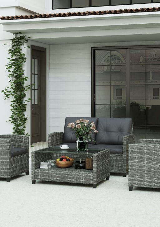 4 Piece PE Rattan Wicker Patio Furniture Set with Two-tier Coffee Table and Cushions, Charcoal