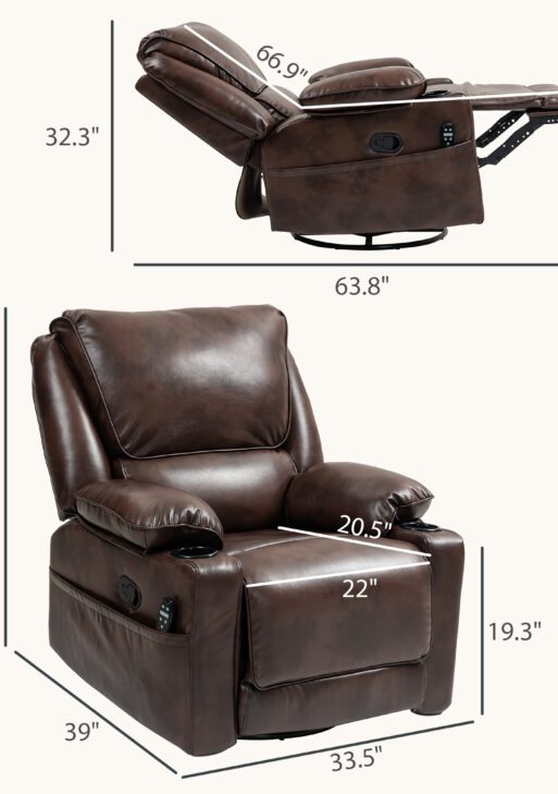Recliner Massage Armchair with Heat Oversized Swivel Rocker with Footrest Remote and Side Pockets Brown