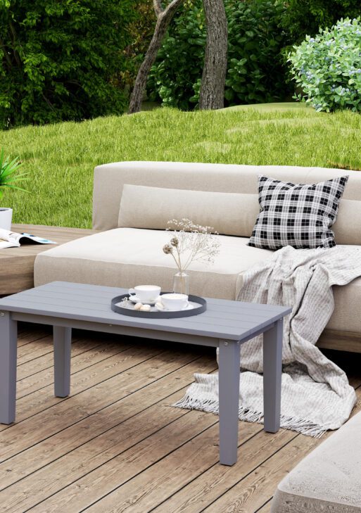 Rectangle Outdoor Coffee Table, HDPE All-Weather Outdoor Patio Table with Slatted Tabletop for Yard, Balcony, Gray