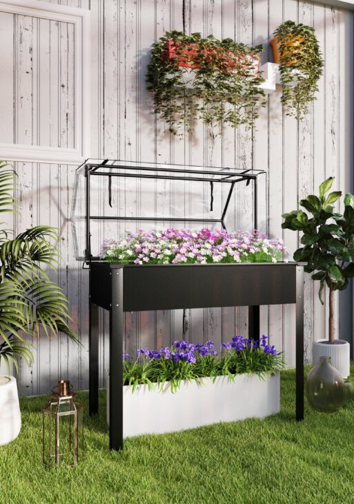 Elevated Garden Box with Greenhouse Cover, Raised Garden Bed with Legs and Drainage Hole for Vegetables, Black