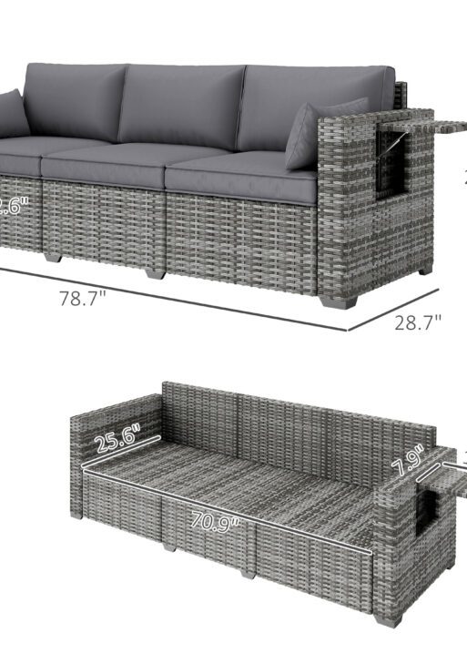 3 Seater Wicker Sofa with Side Trays, Outdoor Patio Couch with 6" Thick Back Cushions, Deep Seating, Mixed Gray