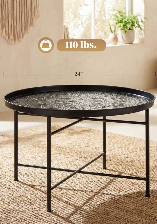 Coffee Table for Living Room, 24" Round Center Table with Hammered Tray Top and Metal Frame for Bedroom, Black