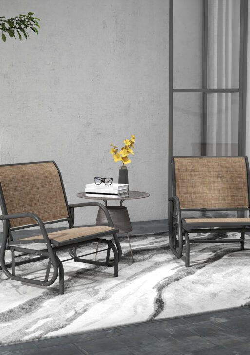 2 Pieces Outdoor Glider Chair, Steel Swing Chai with Curved Armrests for Porch, Garden, Poolside, Balcony, Mixed Brown