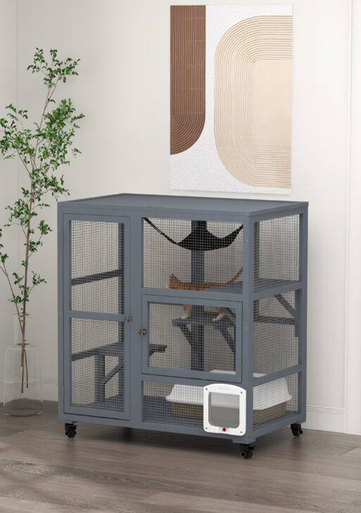 Cat House, Indoor Cat Enclosure on Wheels with Openable Top, 39"