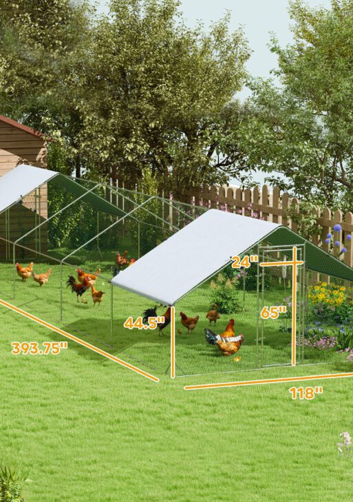 Large Chicken Coop with Waterproof and Anti-UV Cover, Spire Shaped for Outdoor and Yard Farm Use, 9.8' x 32.8' x 6.4'
