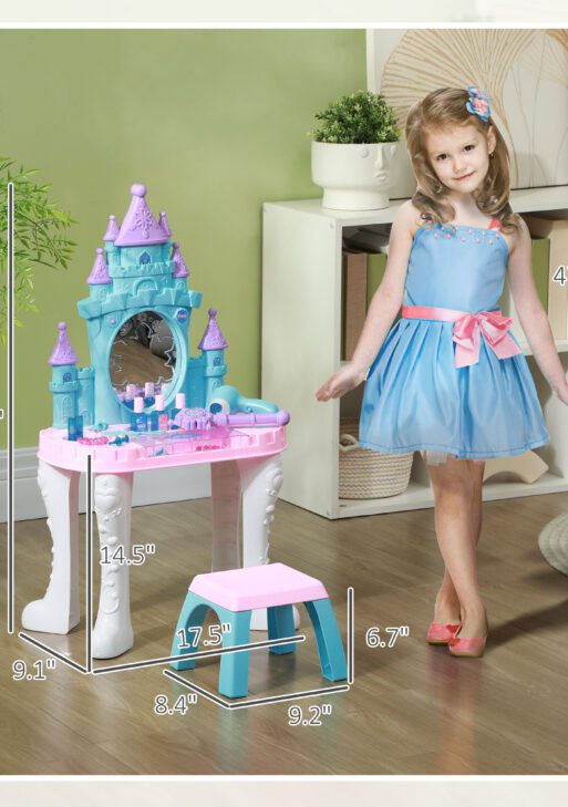 Kids Vanity Set with Mirror and Stool, Light, Music, Castle Design Makeup Table for Girls 3-6 Years, Multicolor