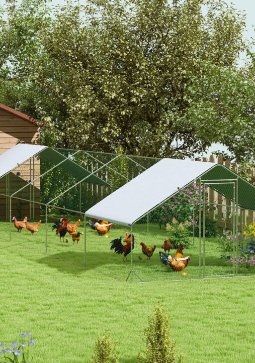 Large Chicken Coop with Waterproof and Anti-UV Cover, Spire Shaped for Outdoor and Yard Farm Use, 9.8' x 32.8' x 6.4'