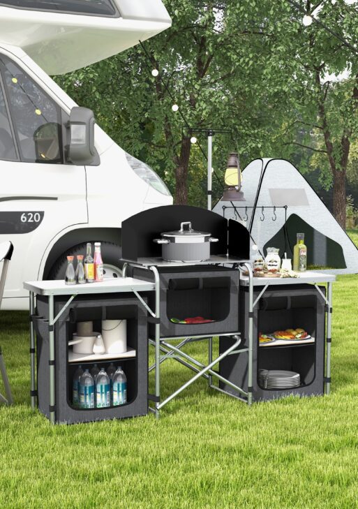 Aluminum Camping Kitchen, Portable Folding Camping Table with Fabric Cupboards, Windshield, Bag for BBQ, Picnic, Black