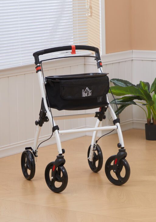 Upright Walker Rollator, Rolling Walker with Storage Bag, Tray, Dual Brakes, Adjustable Height, for Seniors, White
