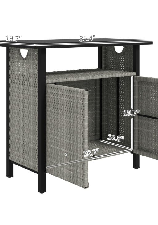 Outdoor Pool Towel Storage Cabinet Organizer, Outdoor Bar Table with Shelf and Cabinet, Pool Towel Holder Pool Valet with Weather-Resistant PE Rattan and Steel Frame, Gray