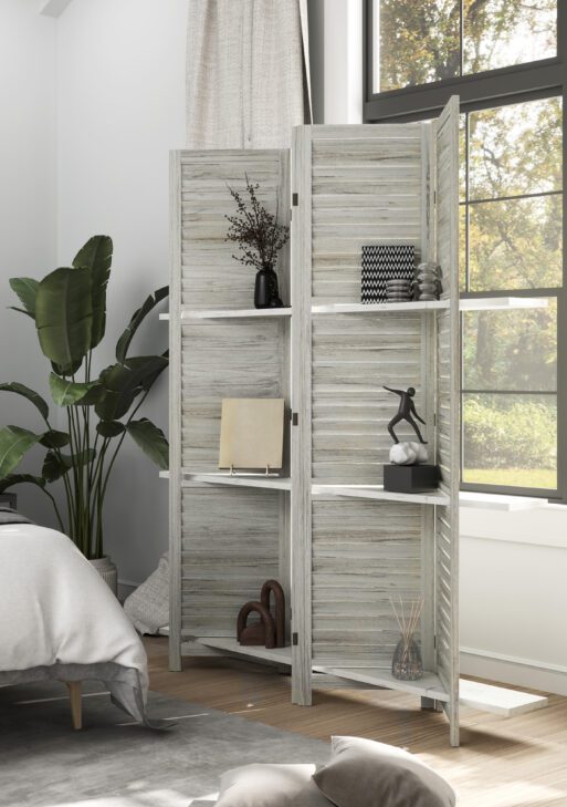 4 Panel 67" Tall Wood Privacy Screen Room Divider with 3 Shelves and Folding Storage for Bedroom, Distressed White