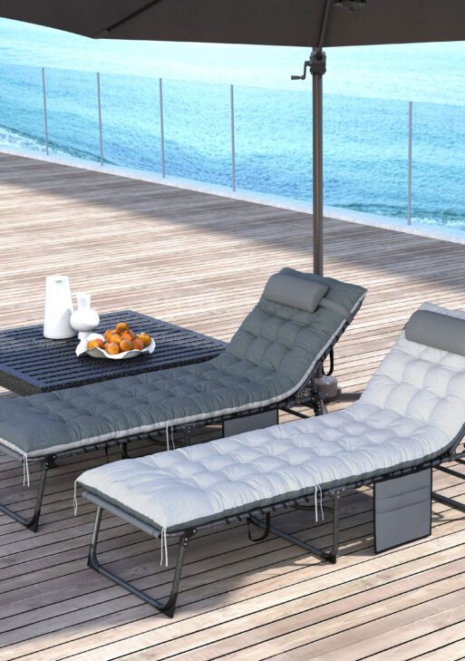 Outdoor Chaise Lounge Chair Set of 2, 5-Level Adjustable Folding Pool Lounge Chairs with Cushions, Gray