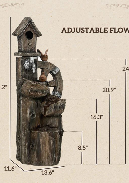 Outdoor Water Fountain, Decorative Garden Birdhouse, 3-Tier Cascading Waterfall with LED Lights and Water Wheel, Soothing Tranquility for Home Garden, Yard Decor