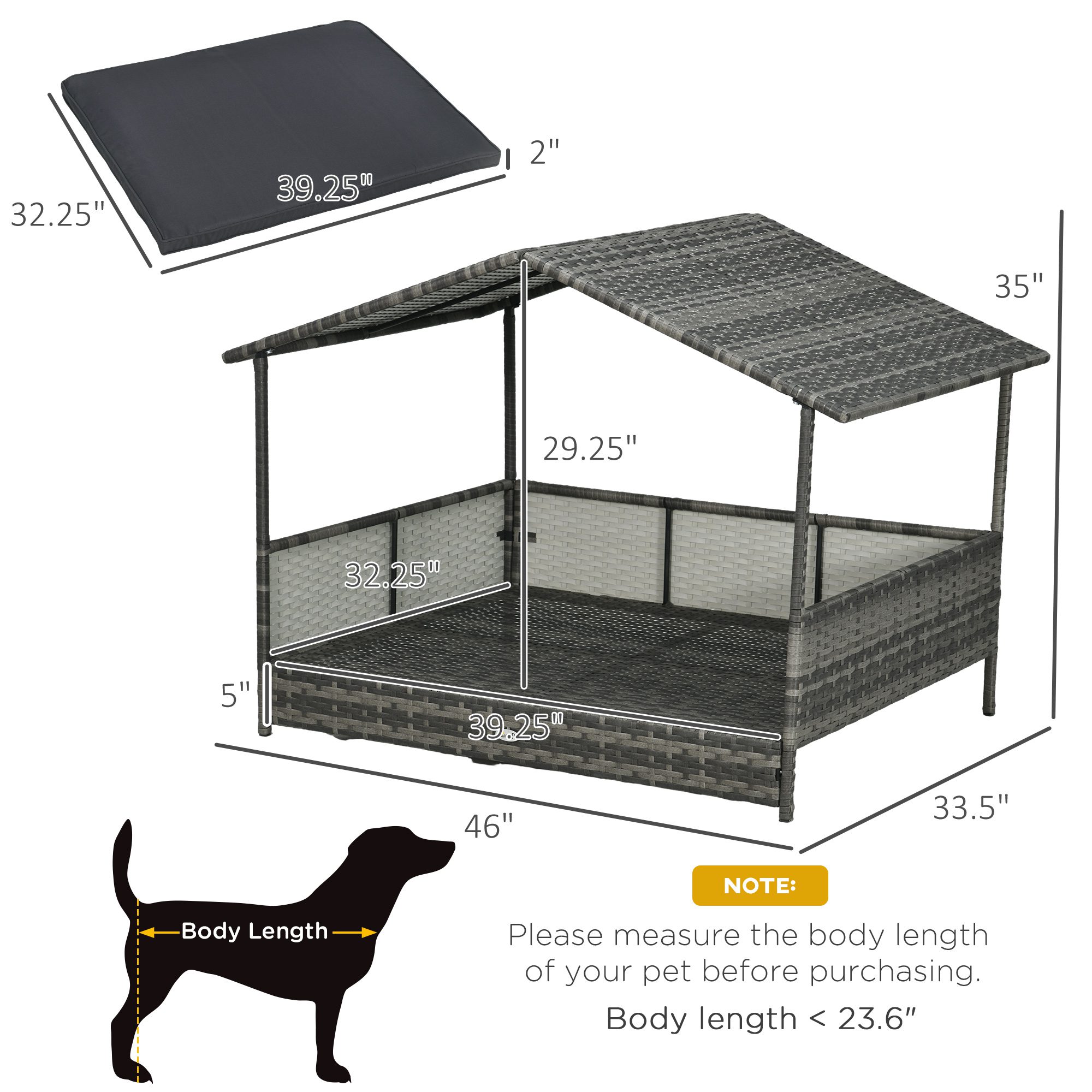 Outdoor Dog Bed with Canopy, Rattan Dog Bed with Soft Cushion Removable Cover for Medium and Large Dogs, Dark Gray - Image 1