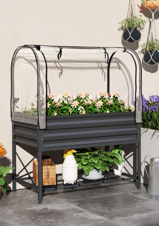 Raised Garden Bed with Legs and Cover, Metal Elevated Planter Box with Bottom Shelf and Liner for Vegetables, Dark Gray