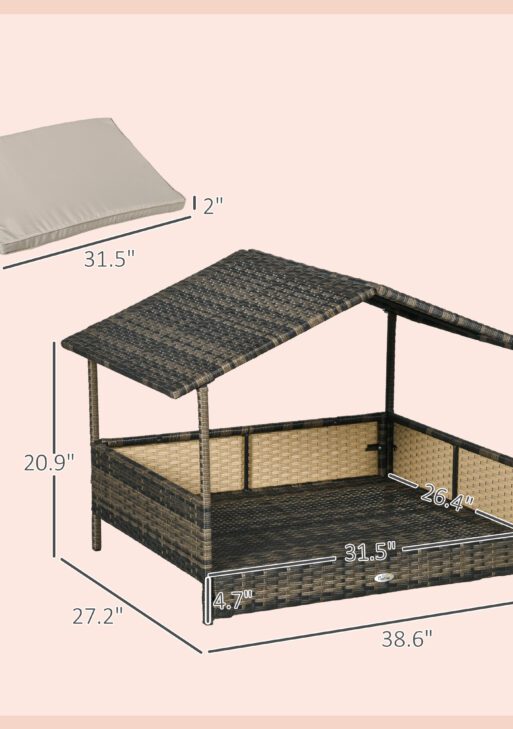 Wicker Dog House with Removable Cushion Lounge, Khaki