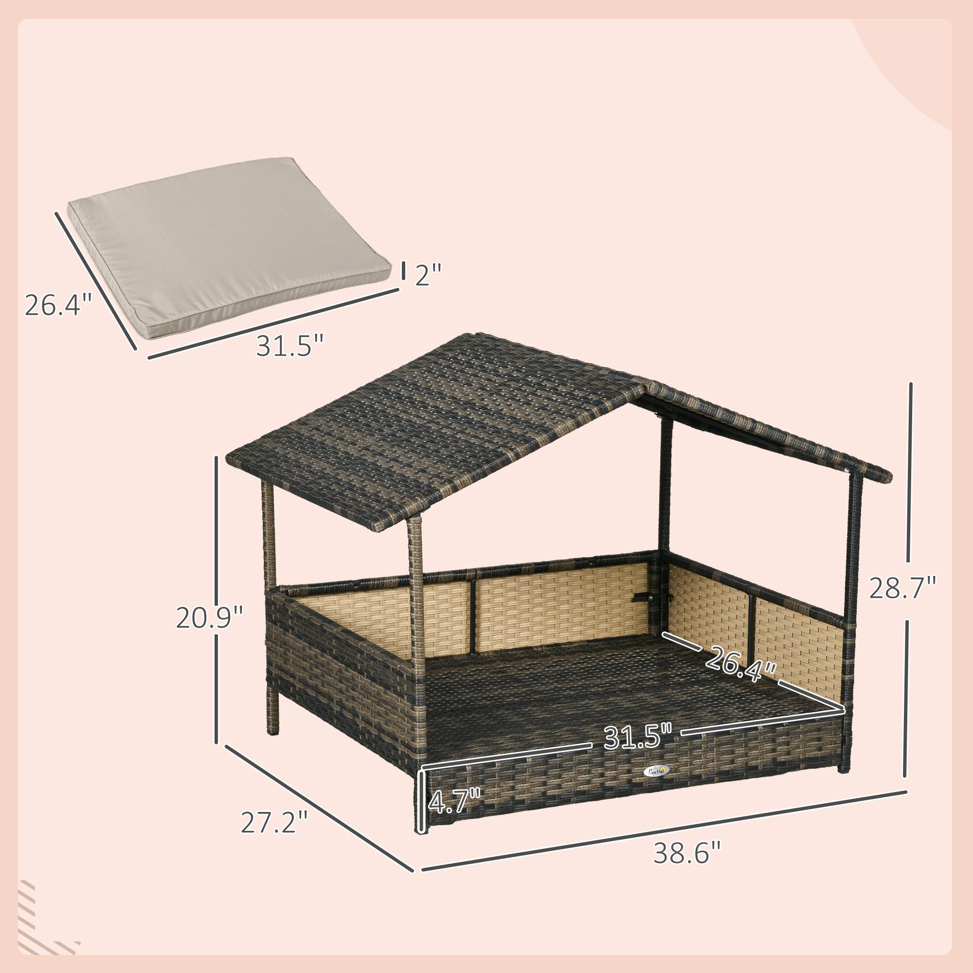 Wicker Dog House with Removable Cushion Lounge, Khaki - Image 1