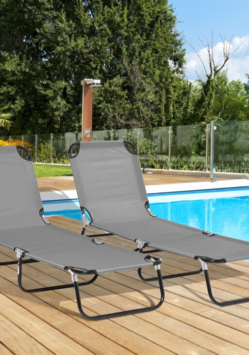 2 Pieces Pool Chaise Lounge Chairs, Folding Lounge Chairs with 5-Level Reclining Back, Steel Frame, Dark Gray