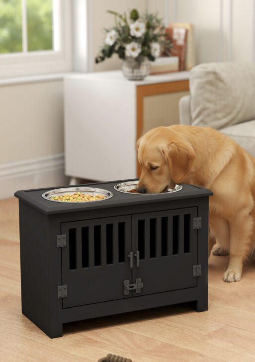 Dog Food Storage Cabinet with Bowls & Dog Feeding Station, Black
