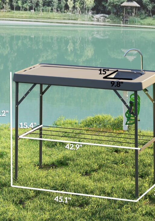 Folding Fish Cleaning Table with Sink, Portable Camping Table with Faucet, Drainage Hose, Sprayer and Shelf, Gray