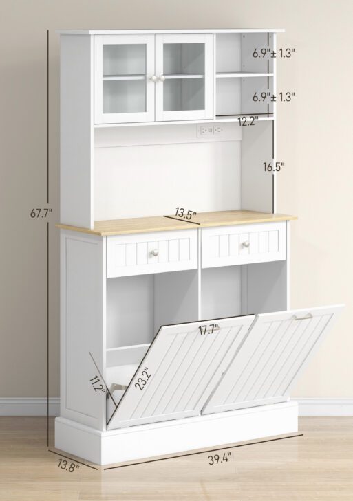 Kitchen Cabinet with Charging Station, 2 Tilt Out Cabinets, Microwave Stand, Freestanding Kitchen Pantry Cabinet, White