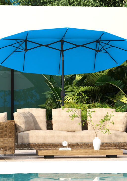 Double-sided Patio Umbrella, 9.5' Outdoor Umbrella with Push Button Tilt and Crank, 3 Air Vents and 12 Ribs, Cyan Blue