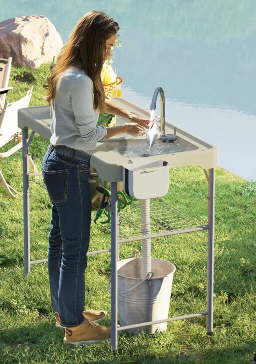 Folding Fish Cleaning Table with Sinks, Portable Camping Sink Table with Faucet, Drainage Hose, Sprayer, Shelf, Drawer and Storage Basket, Outdoor Fillet Table for Picnic Beach Patio, Tan