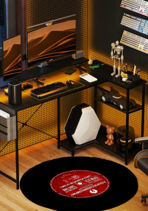 58" Reversible L Shaped Computer Desk, Corner Desk with Monitor Stand, Power Outlets and LED Lights, Black