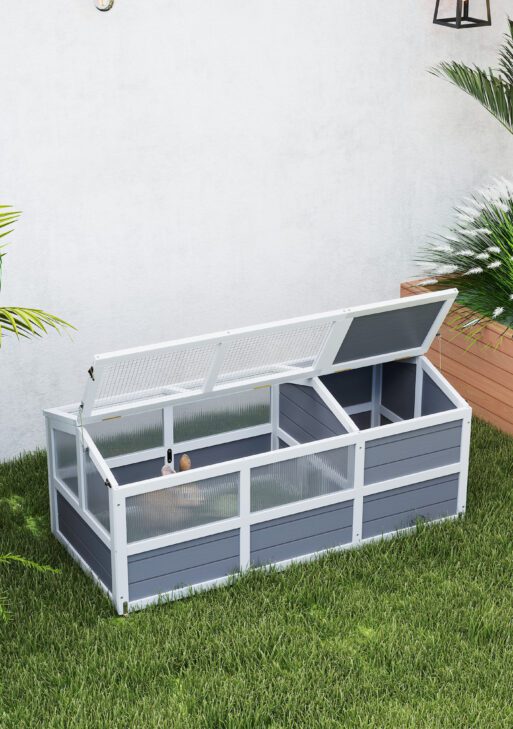 Wooden Tortoise Habitat Outdoor w/ Bottomless Design, Doors, PC Sun Panel Windows, for Small Animals, Rabbit, Light Gray