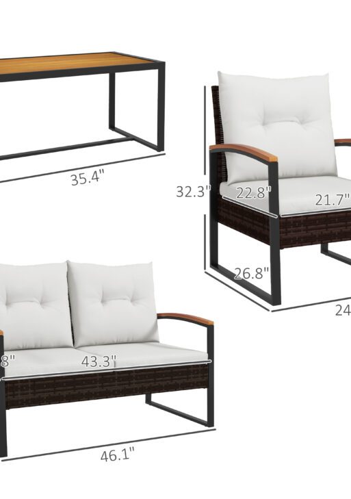 4 Piece Rattan Patio Furniture Set with Loveseat Sofa, Chair, Wood Coffee Table, Cushions for Outdoor, Backyard, White