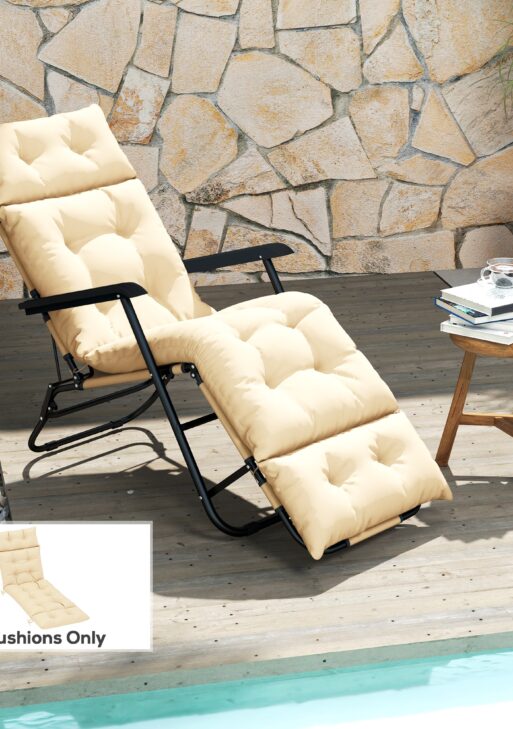 Outdoor Chaise Lounge Cushion, Tufted Thick Patio Lounge Chair Cushion with Ties, 74.8 in. x 22 in. x 4 in., Beige