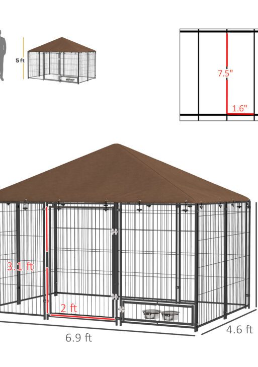 Outside Dog Kennel, 6.9' x 4.6' x 5' Puppy Play Pen with Canopy, Garden Playpen Fence Crate with Rotating Bowl, Black