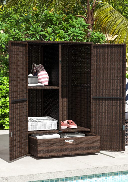 Outdoor Storage Cabinet with Shelves, Rattan Pool Towel Storage Cabinet with Removable Shelf & Drawer, Mixed Brown