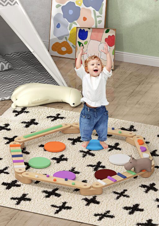 Kids Balance Beam, Wooden Balance Board with Stepping Stone for 3-8 Years