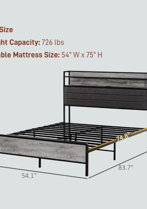 Full Bed Frame with Storage Upholstered Headboard, Full Size Bed Frame with LED Lights, Charging Station, Cement Gray