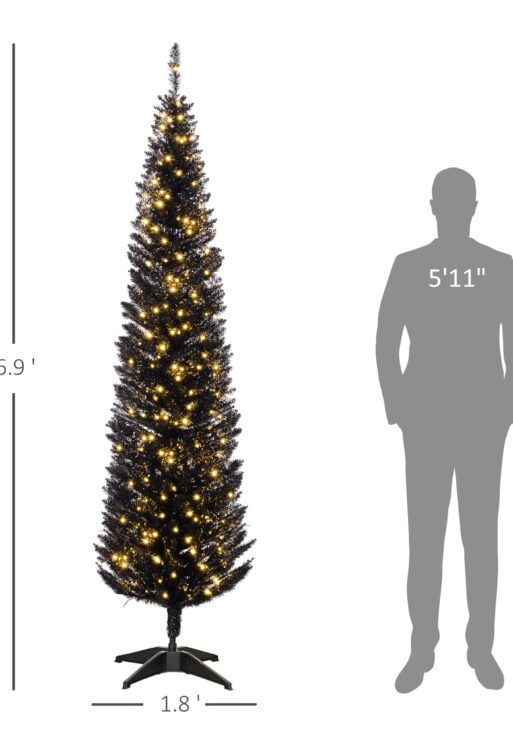 7ft Pencil Christmas Tree, Slim Artificial Christmas Tree with Realistic Branches and Warm White LED Lights, Black