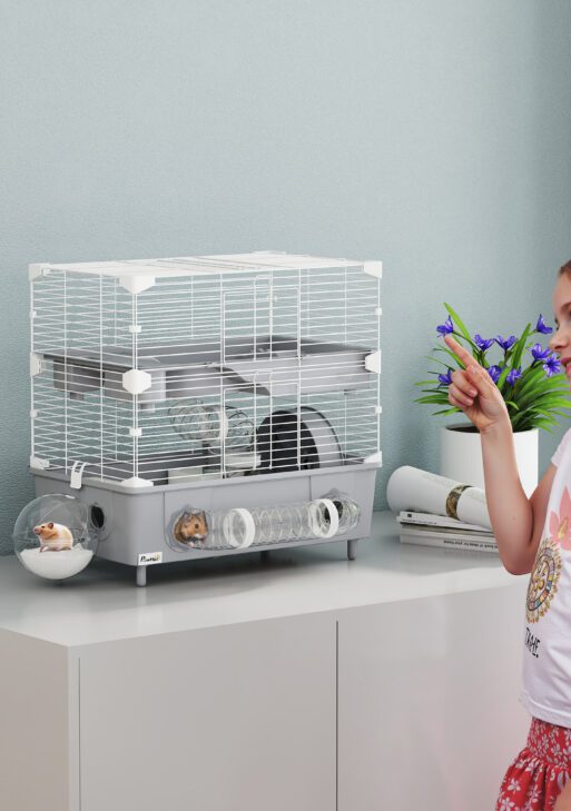 2-Tier Hamster Cage with Sand Bathroom, Running Wheel, Water Bottle, Tubes, Accessories, for Dwarf Hamster, Gray