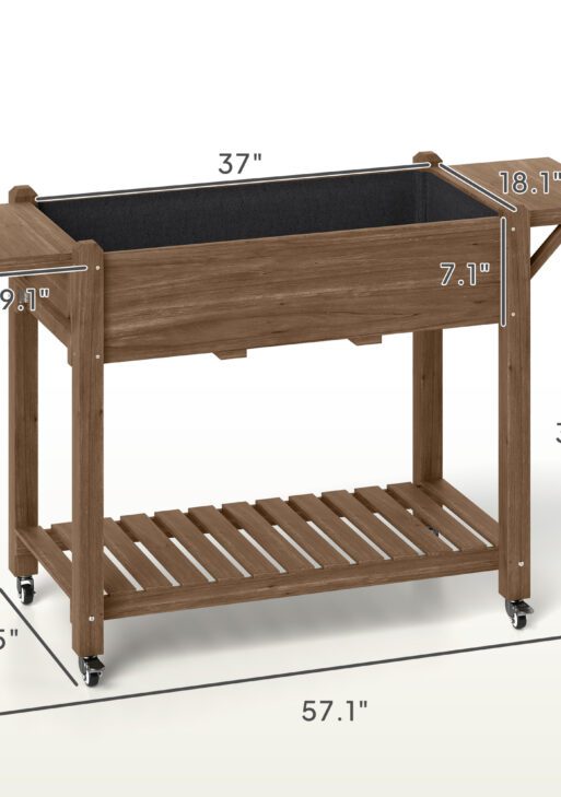 Wood Raised Planter Box, Elevated Garden Bed with Lockable Wheels, Side Tables, Bottom Shelf, Drain Holes, Carbonized