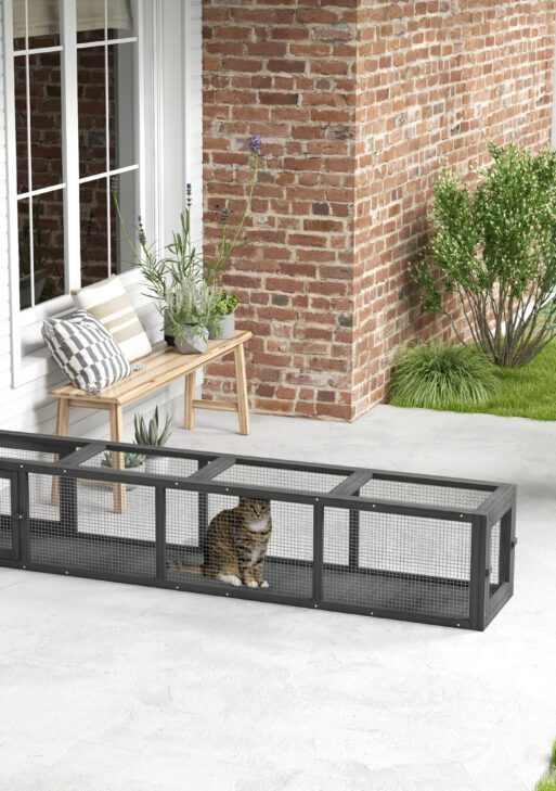 Wooden Cat Run with Weather Protection, Connecting Inside and Outside, 79"L x 15"W x 15"H, Dark Gray