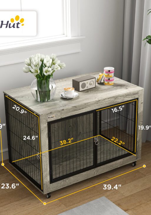 39" Dog Crate Furniture End Side Table with Wheels, Interchangeable Side Door, for Large Dogs, Gray