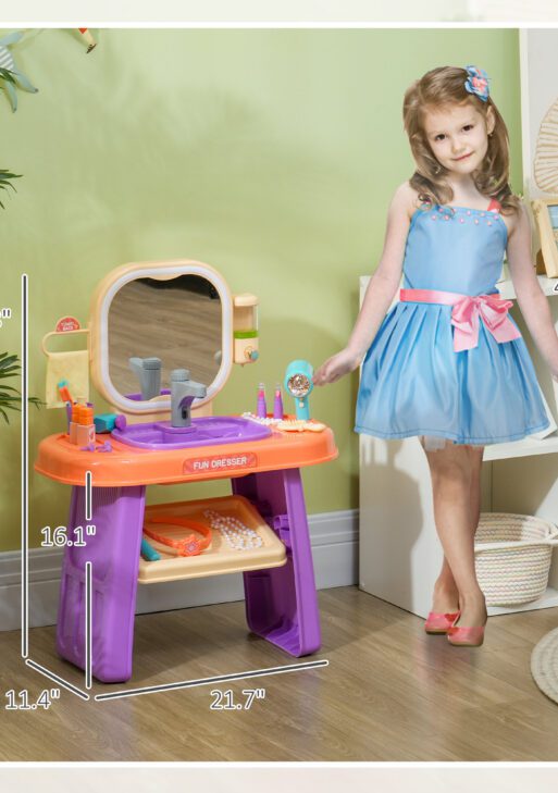 Kids Vanity Set with Mirror, LED Light, Music, 23 Accessories, Pretend Play Set for Girls 3-6 Years, Purple