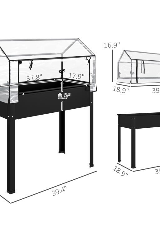 Elevated Garden Box with Greenhouse Cover, Raised Garden Bed with Legs and Drainage Hole for Vegetables, Black